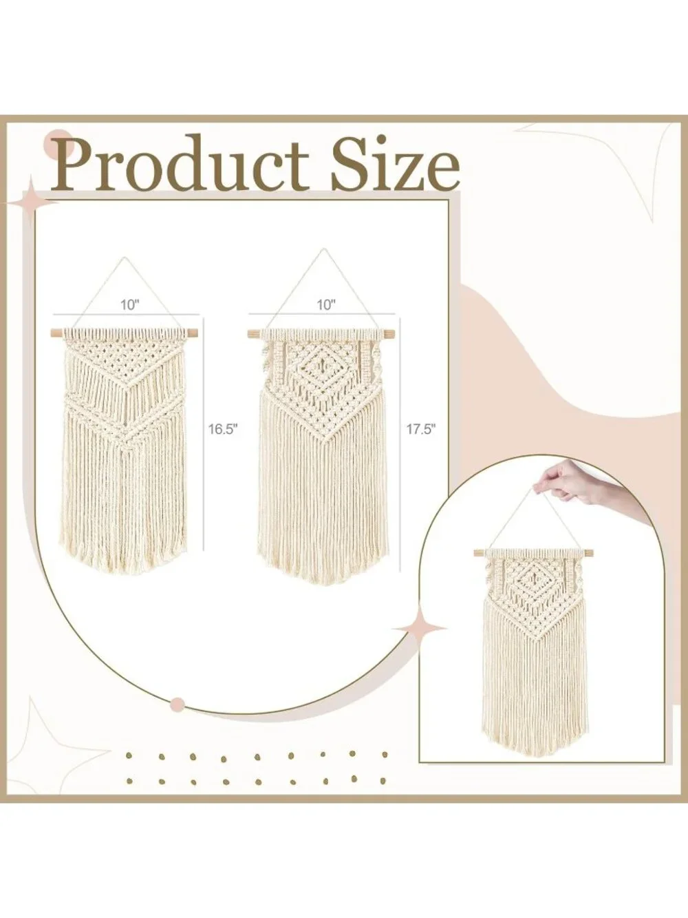 New 2 Pcs Small Macrame Wall Hanging Boho Cotton Tapestry 16.5 & 17.5 Inch